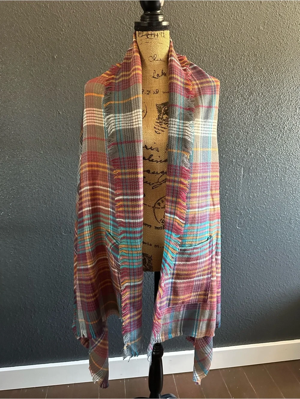 NWT Grace & Lace Plaid Pocket Poncho Wrap Scarf One Size